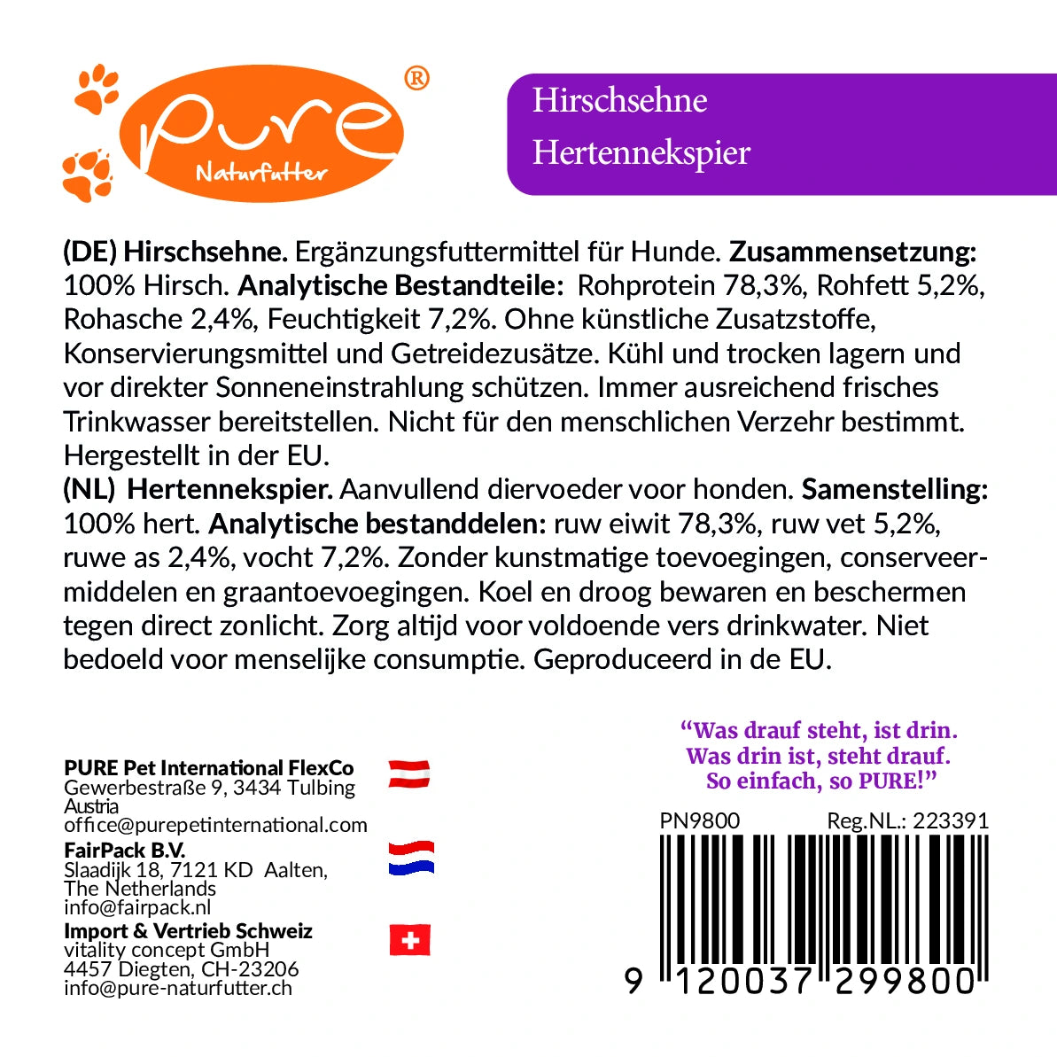 PURE Hirschsehne 150 g – Etikett mit Zusammensetzung und analytischen Bestandteilen