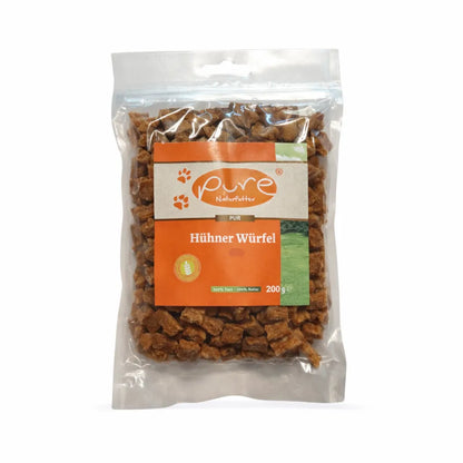 PURE Hühner Würfel für Hunde in Verpackung, hochwertiger Snack aus 100 Prozent Huhn