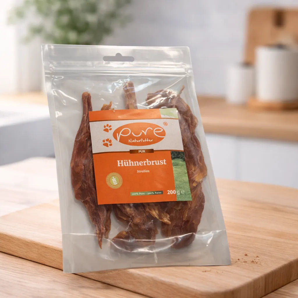 PURE Hühnerbrust Streifen für Hunde, schonend getrockneter Snack aus 100 Prozent Huhn
