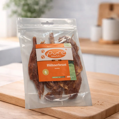 PURE Hühnerbrust Streifen für Hunde, schonend getrockneter Snack aus 100 Prozent Huhn
