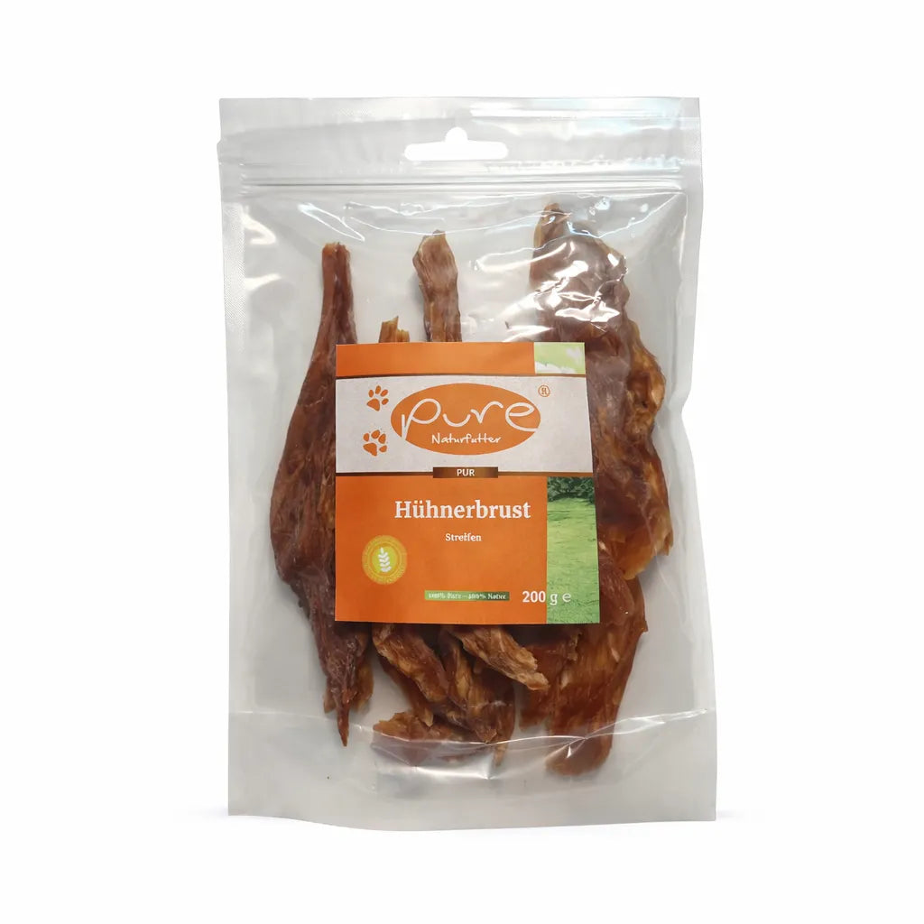 PURE Hühnerbrust Streifen für Hunde in Verpackung, hochwertiger Snack aus reinem Hühnerfleisch