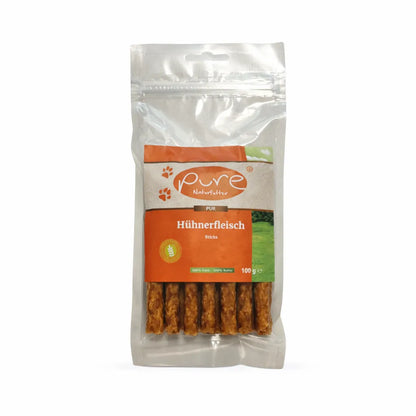 PURE Hühnerfleisch Sticks für Hunde in Verpackung, natürlicher Snack aus 100 Prozent Huhn
