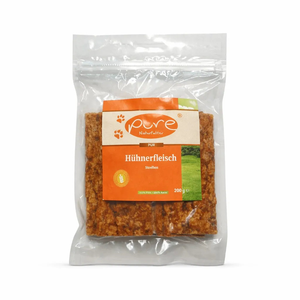 PURE Hühnerfleisch Streifen für Hunde in Verpackung, natürlicher Snack aus 100 Prozent Huhn