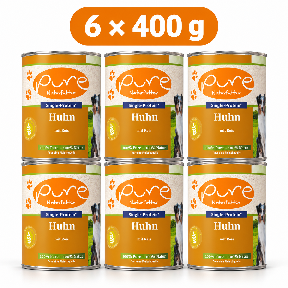 PURE Hundemenü Huhn & Reis – 6 × 400 g Sparpaket, sechs Dosen à 400 g auf weissem Hintergrund