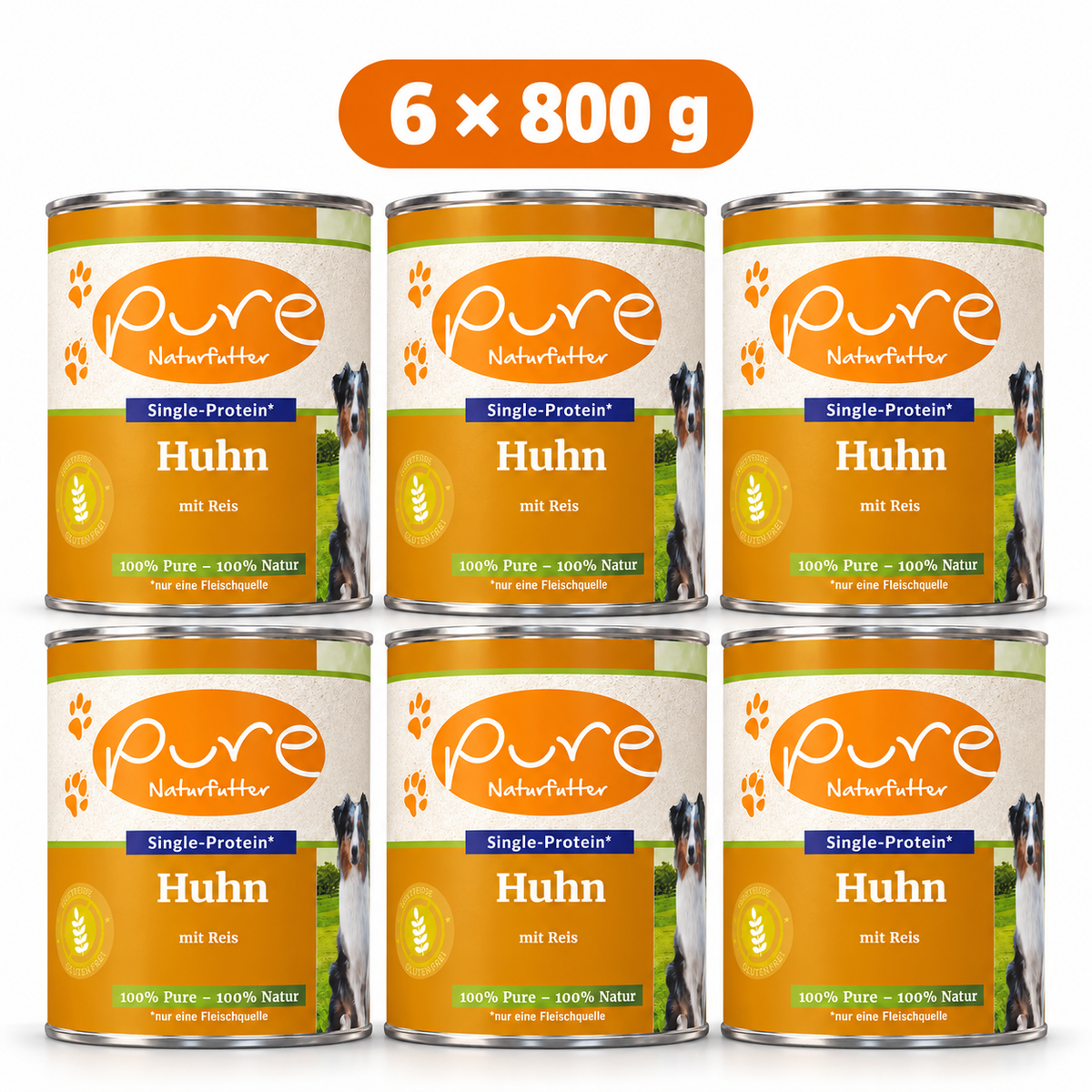 PURE Hundemenü Huhn & Reis – 6 × 800 g Sparpaket, sechs Dosen à 800 g auf weissem Hintergrund