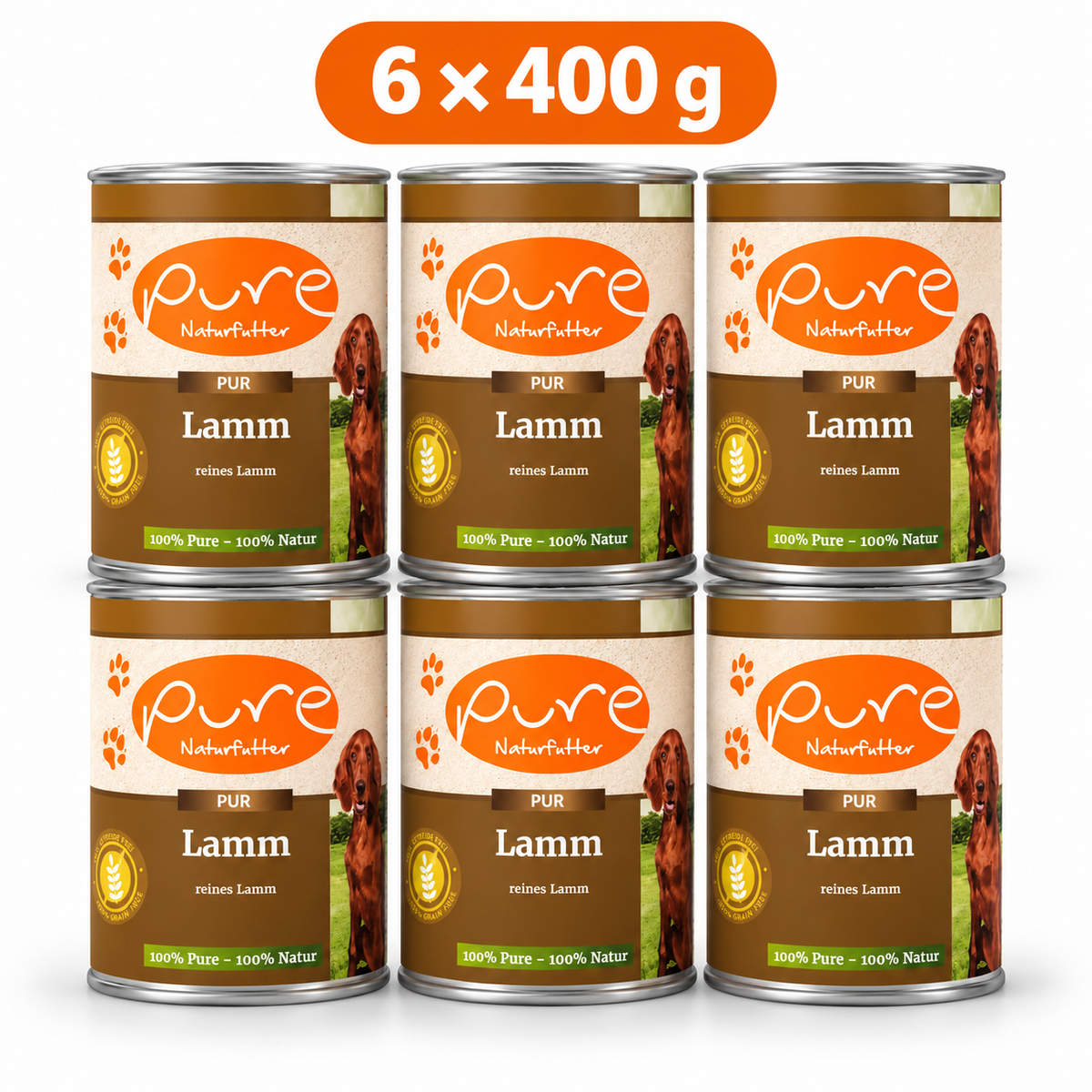PURE PUR-Fleischdose Lamm für Hunde – 6 × 400 g Sparpaket, sechs Dosen à 400 g auf weissem Hintergrund