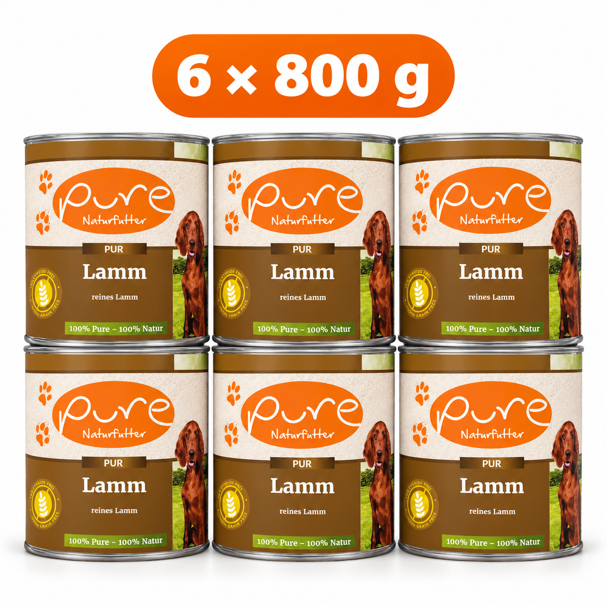 PURE PUR-Fleischdose Lamm für Hunde – 6 × 800 g Sparpaket, sechs Dosen à 800 g auf weissem Hintergrund