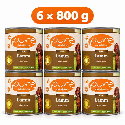 PURE PUR-Fleischdose Lamm für Hunde – 6 × 800 g Sparpaket, sechs Dosen à 800 g auf weissem Hintergrund