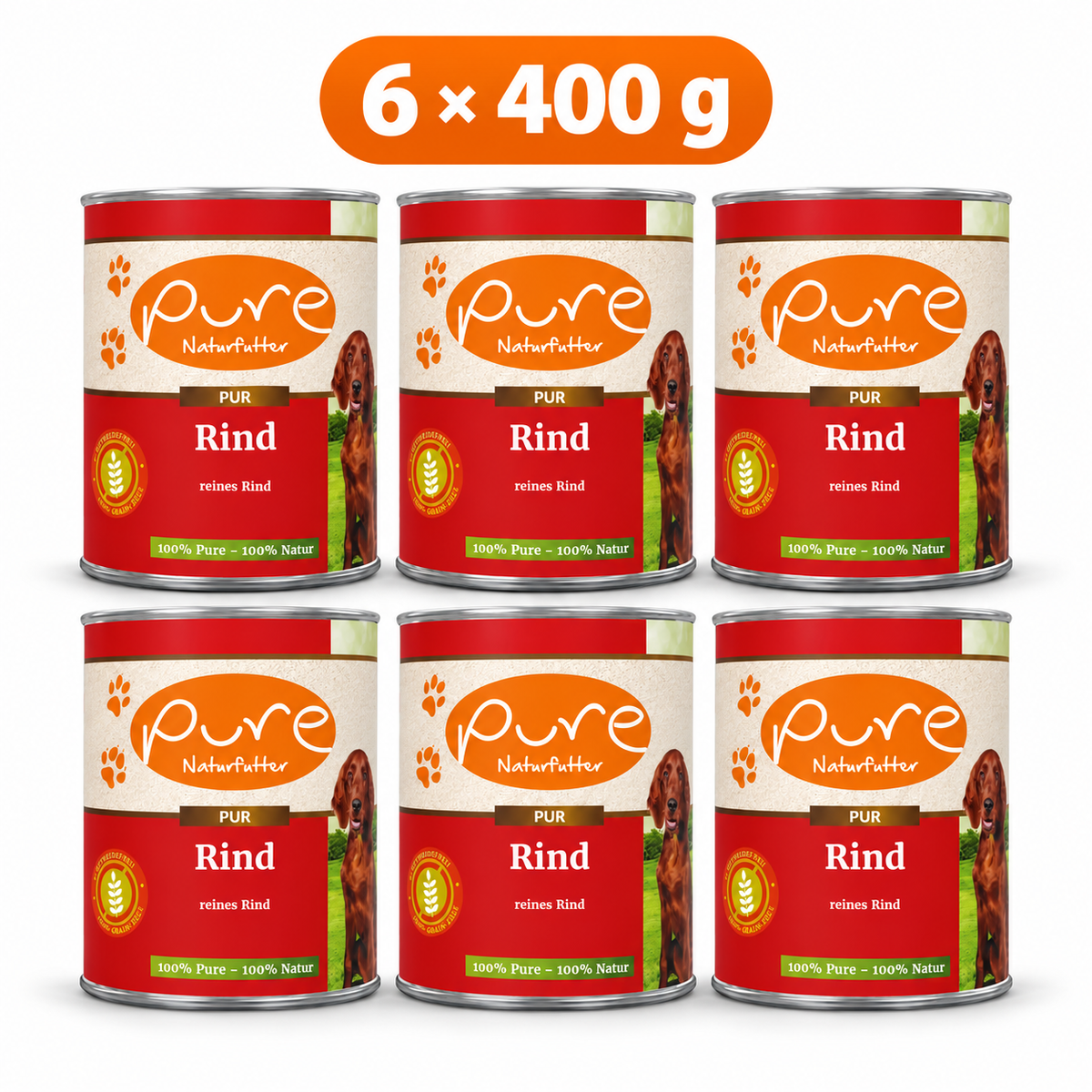 PURE PUR-Fleischdose Rind für Hunde – 6 × 400 g Sparpaket, sechs Dosen à 400 g auf weissem Hintergrund