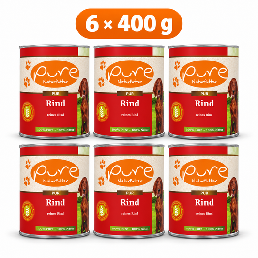 PURE PUR-Fleischdose Rind für Hunde – 6 × 400 g Sparpaket, sechs Dosen à 400 g auf weissem Hintergrund