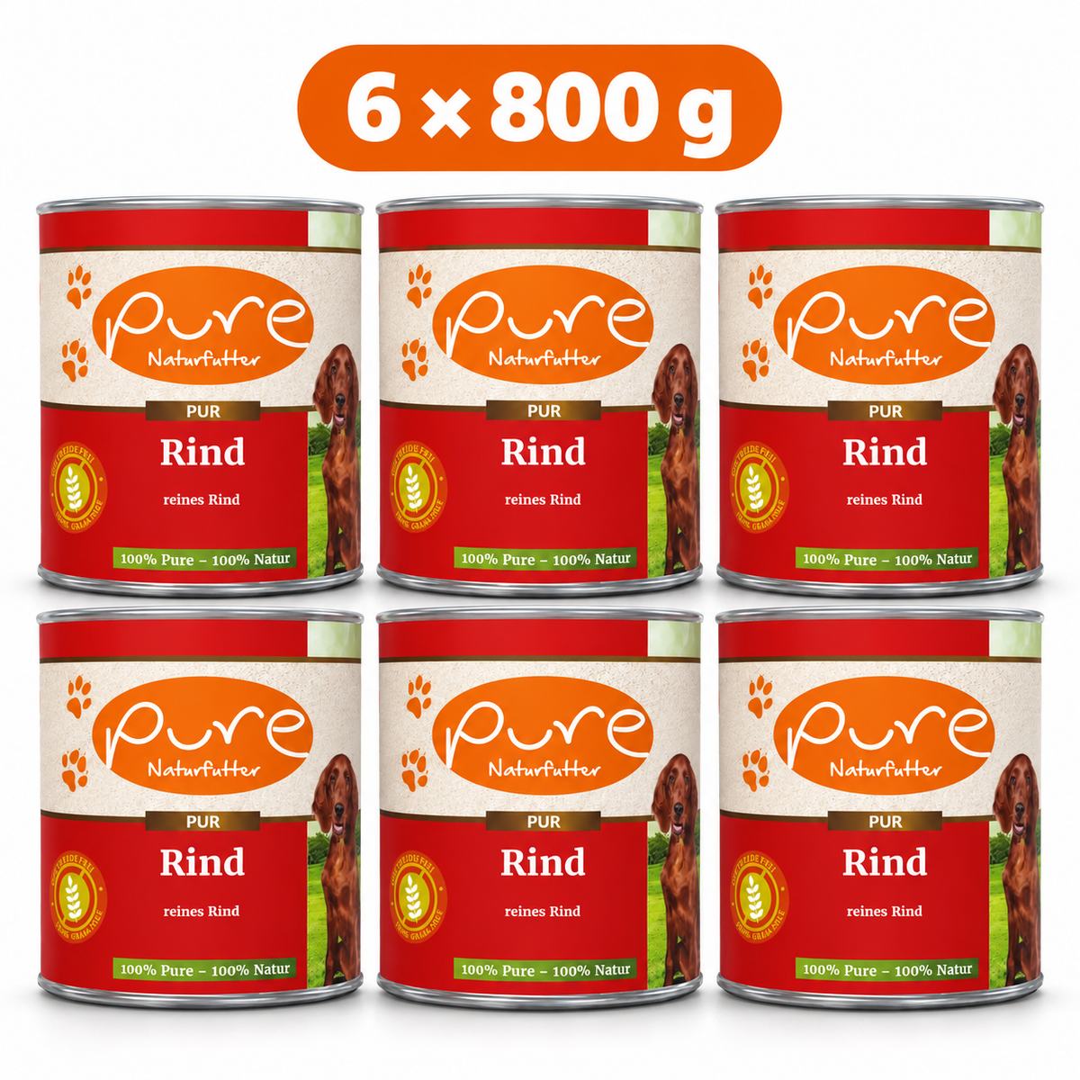 PURE PUR-Fleischdose Rind für Hunde – 6 × 800 g Sparpaket, sechs Dosen à 800 g auf weissem Hintergrund