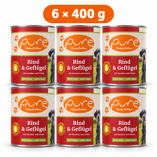 PURE Hundemenü Rind & Geflügel – 6 × 400 g Sparpaket, sechs Dosen à 400 g auf weissem Hintergrund