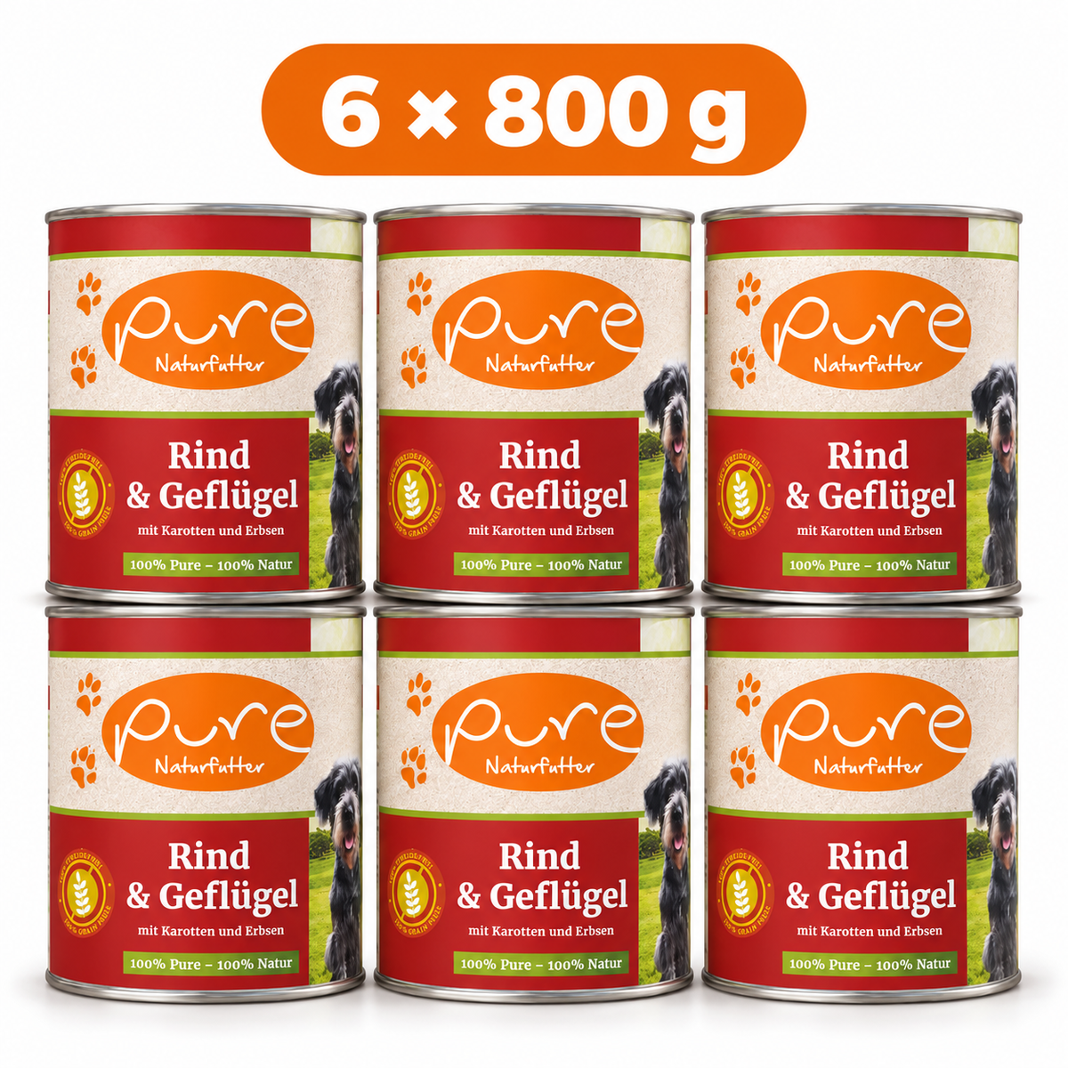 PURE Hundemenü Rind & Geflügel – 6 × 800 g Sparpaket, sechs Dosen à 800 g auf weissem Hintergrund