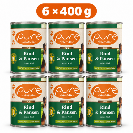 PURE Hundemenü Rind mit Pansen – 6 × 400 g Sparpaket, sechs Dosen à 400 g auf weissem Hintergrund