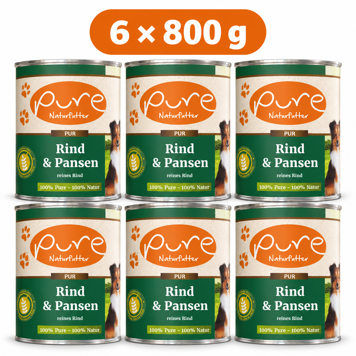 PURE Hundemenü Rind mit Pansen – 6 × 800 g Sparpaket, sechs Dosen à 800 g auf weissem Hintergrund