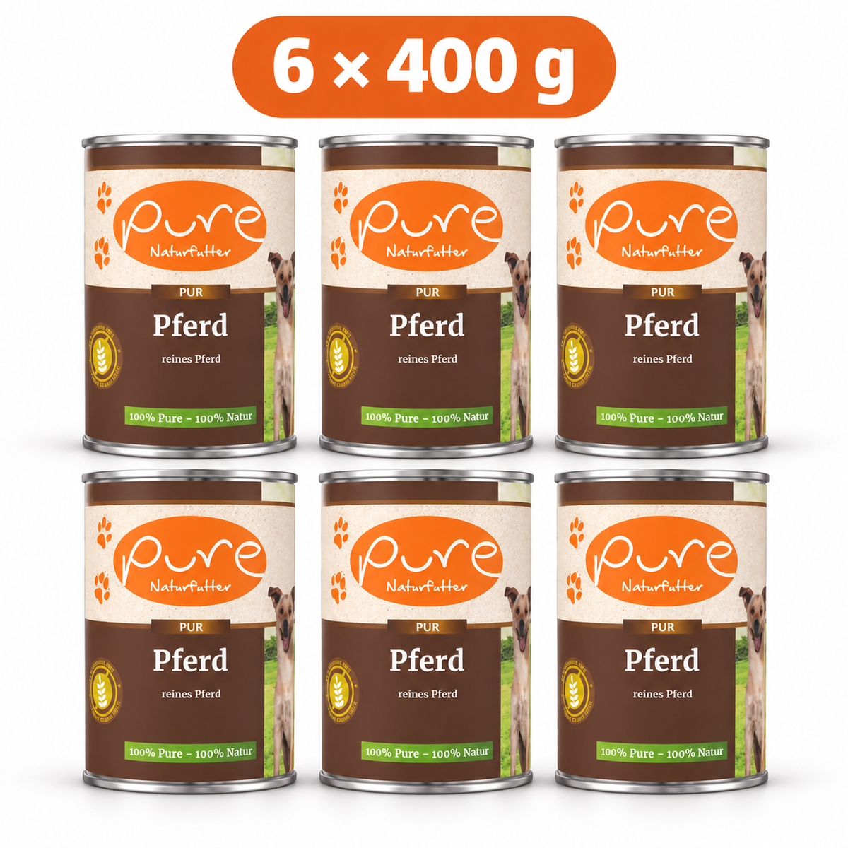 PURE Hundemenü Sensitive Pferd – 6 × 400 g Sparpaket, sechs Dosen à 400 g auf weissem Hintergrund