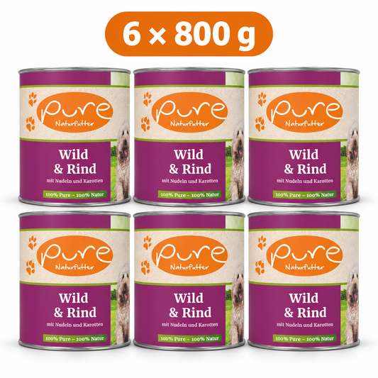 PURE Hundemenü Wild & Rind – 6 × 800 g Sparpaket, sechs Dosen à 800 g auf weissem Hintergrund