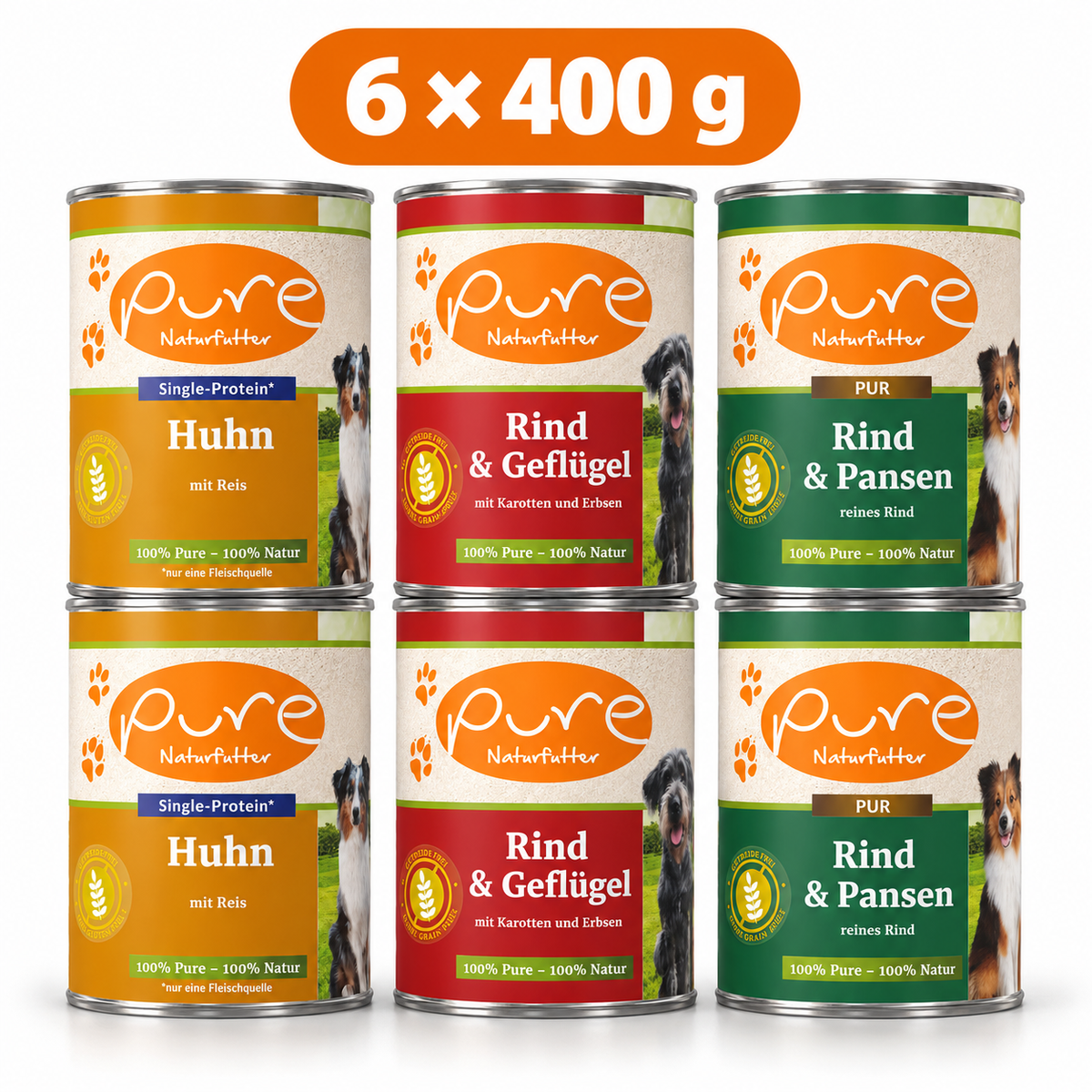 PURE Hundemenü Mix-Sparpaket mit 6 Dosen à 400 g: 2 je Sorte Huhn & Reis, Rind & Geflügel und Rind mit Pansen