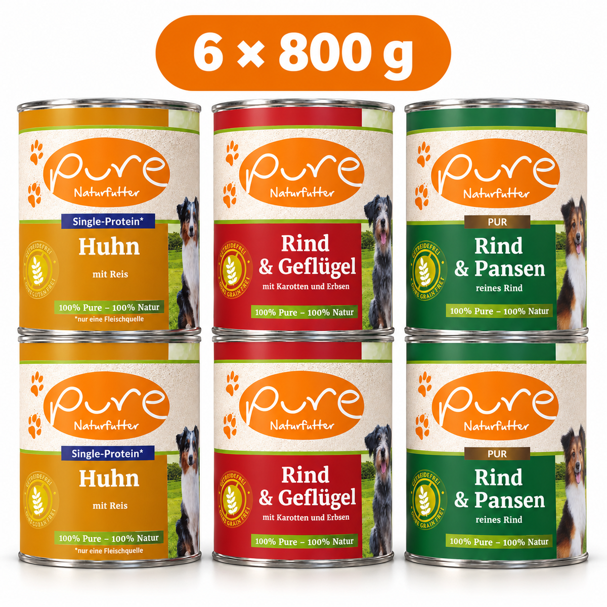 PURE Hundemenü Mix-Sparpaket mit 6 Dosen à 800 g: 2 je Sorte Huhn & Reis, Rind & Geflügel und Rind mit Pansen
