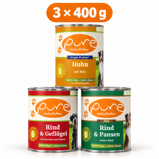 PURE Hundemenü Probierpaket mit 3 Dosen à 400 g: 1 je Sorte Huhn & Reis, Rind & Geflügel und Rind mit Pansen