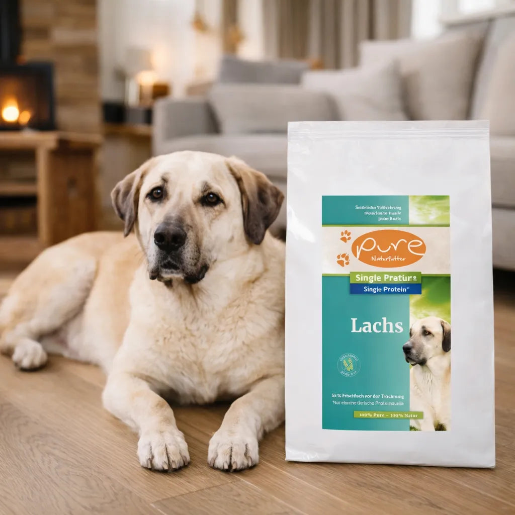 Hund neben getreidefreiem Trockenfutter Lachs von PURE im Wohnzimmer