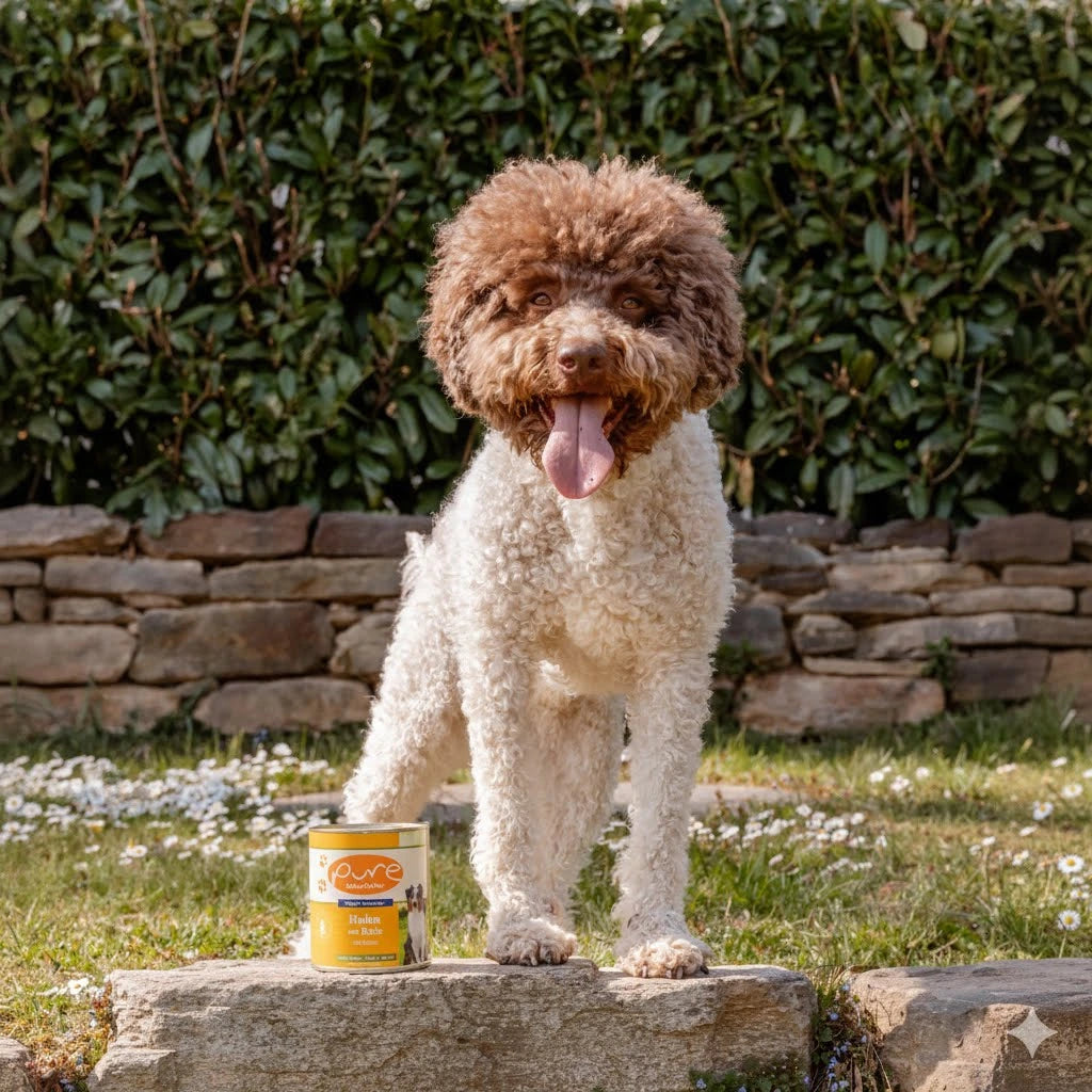 Hund im Garten neben einer Dose PURE Hundemenü Huhn & Reis – hochwertiges Nassfutter für Hunde