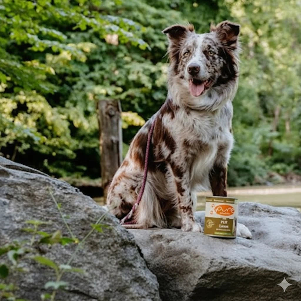 Hund sitzt auf einem Felsen am Wasser neben einer Dose PURE Lamm PUR – getreidefreies Single-Protein-Hundefutter