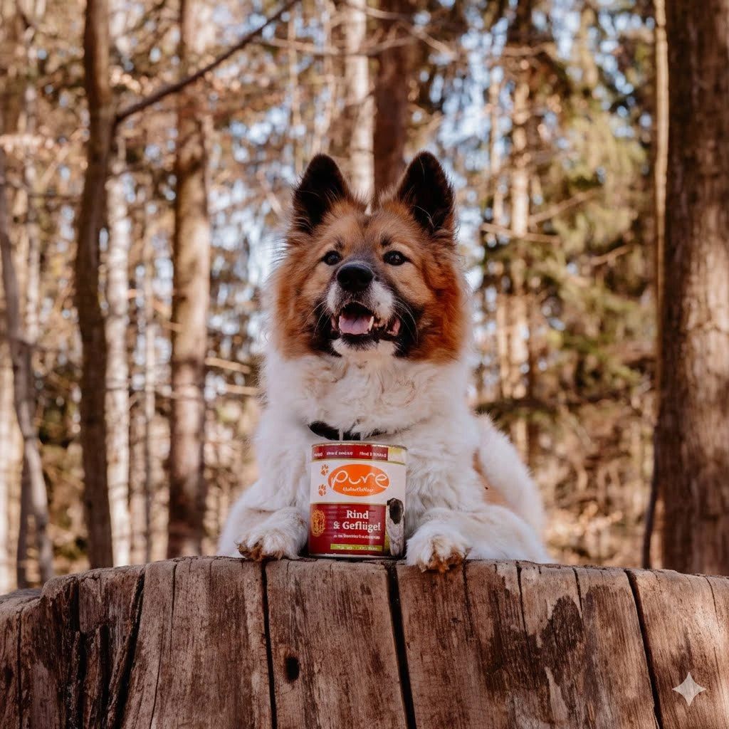 Hund im Wald sitzt auf einem Baumstamm neben einer Dose PURE Rind & Geflügel – getreidefreies Nassfutter für Hunde