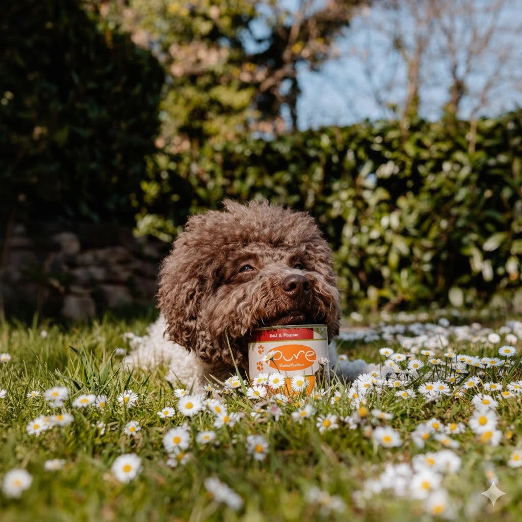 Hund liegt auf einer Wiese und hält eine Dose PURE Rind PUR – natürliches Single-Protein-Nassfutter für Hunde