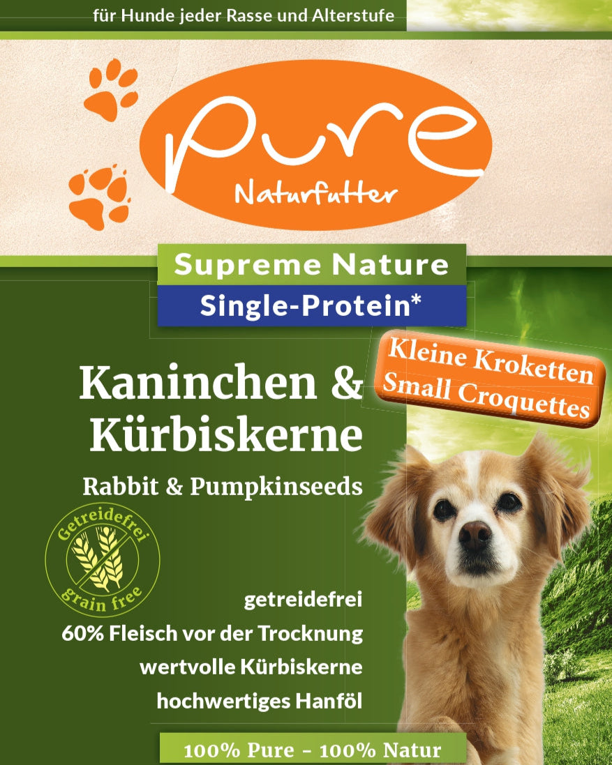 PURE Hundetrockenfutter für kleine Rassen – Kaninchen und Kürbiskerne, getreidefrei, ideale Ernährung für kleine Hunde mit empfindlichem Magen.