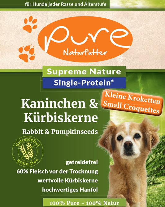 PURE Hundetrockenfutter für kleine Rassen – Kaninchen und Kürbiskerne, getreidefrei, ideale Ernährung für kleine Hunde mit empfindlichem Magen.