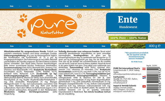 PURE Hundewurst Ente 400 g Etikette mit Zusammensetzung und Fütterungsempfehlung