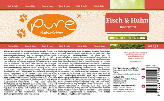 PURE Hundewurst Fisch & Huhn 400 g Etikette mit Zusammensetzung und Fütterungsempfehlung