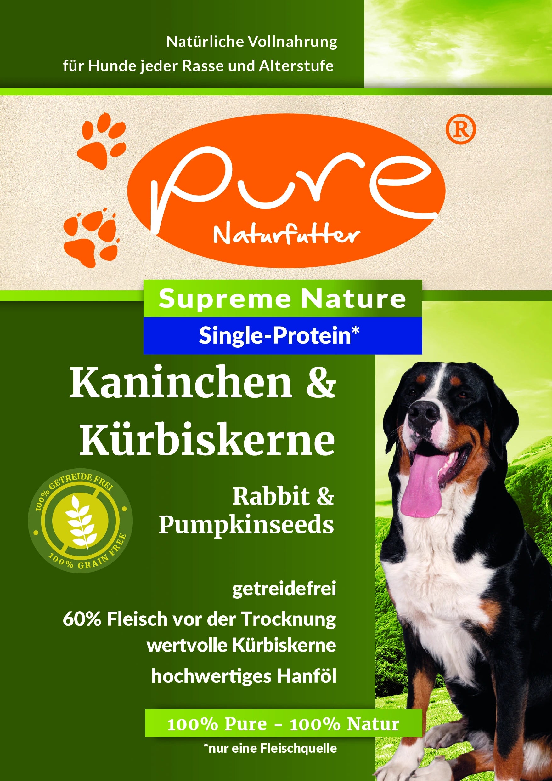 PURE Supreme Nature Kaninchen & Kürbiskerne 10 kg, getreidefreies Single-Protein Trockenfutter für Hunde mit 60 % Fleisch vor der Trocknung