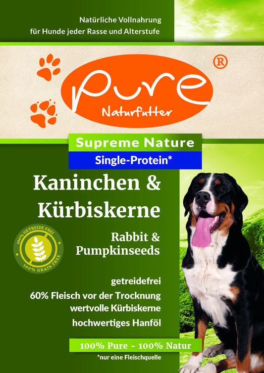 PURE Supreme Nature Kaninchen & Kürbiskerne 10 kg, getreidefreies Single-Protein Trockenfutter für Hunde mit 60 % Fleisch vor der Trocknung