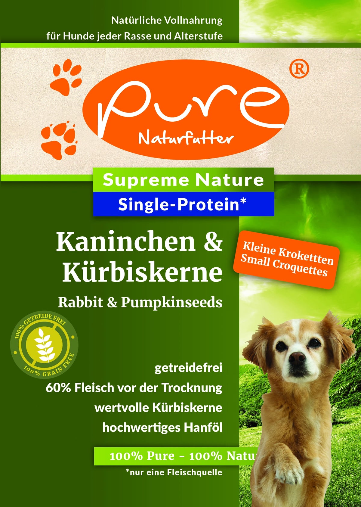 PURE Supreme Nature Kaninchen & Kürbiskerne 4 kg für kleine Hunde, getreidefreies Single-Protein Trockenfutter für Hunde mit 60 % Fleisch vor der Trocknung