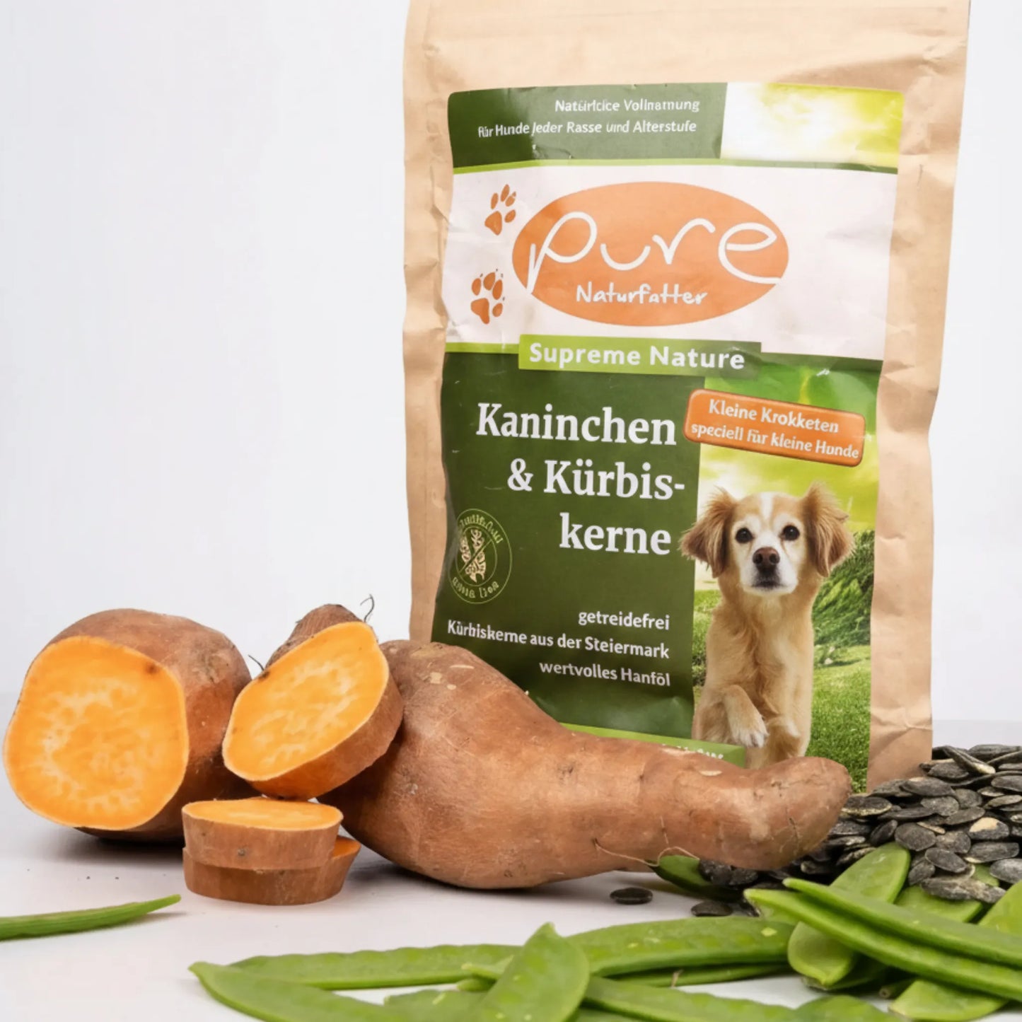 Beutel PURE Kaninchen & Kürbiskerne Kleine Kroketten mit Süsskartoffeln, Kürbiskernen und Erbsen – getreidefreies Trockenfutter für kleine Hunde