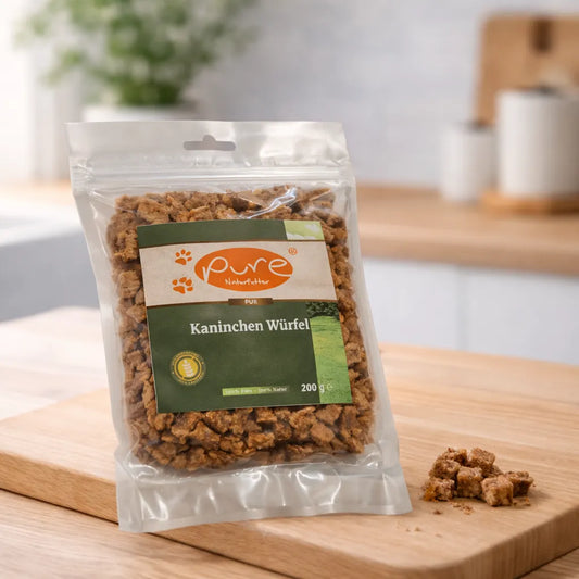 PURE Kaninchen Würfel für Hunde auf Holzbrett, natürlicher Trainingssnack aus Kaninchenfleisch