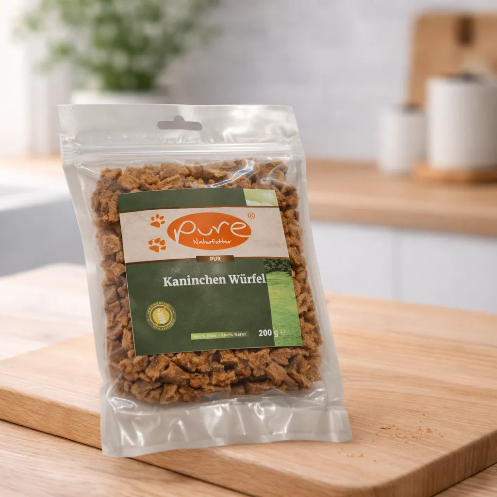 PURE Kaninchen Würfel für Hunde auf Holzbrett, getreidefreier Snack ohne künstliche Zusatzstoffe