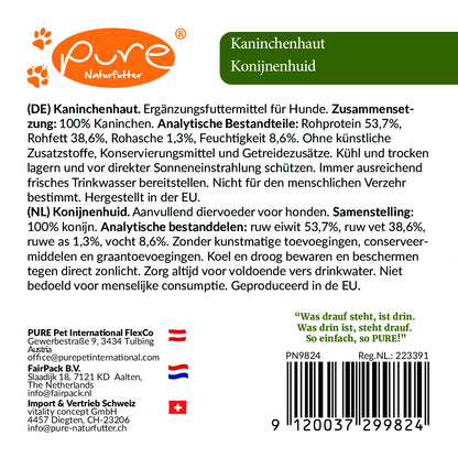 Rückseitenetikett PURE Kaninchenhaut 200 g – Deklaration, Zusammensetzung und Analytik
