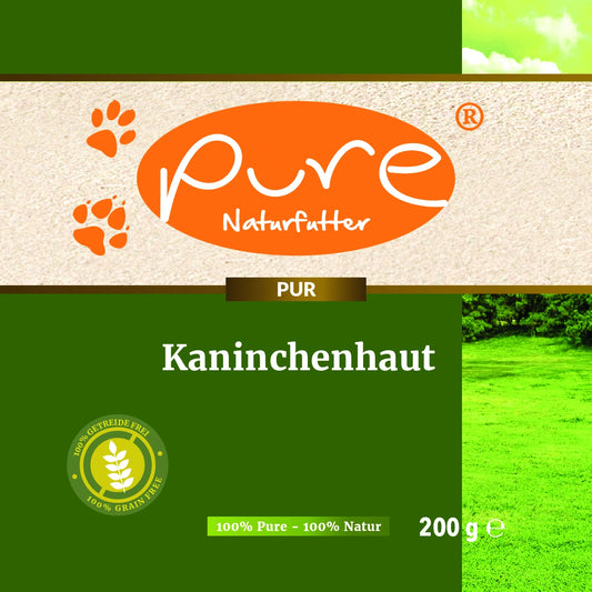 Packshot PURE Kaninchenhaut 200 g – getreidefreier Kausnack für Hunde aus 100% Kaninchen