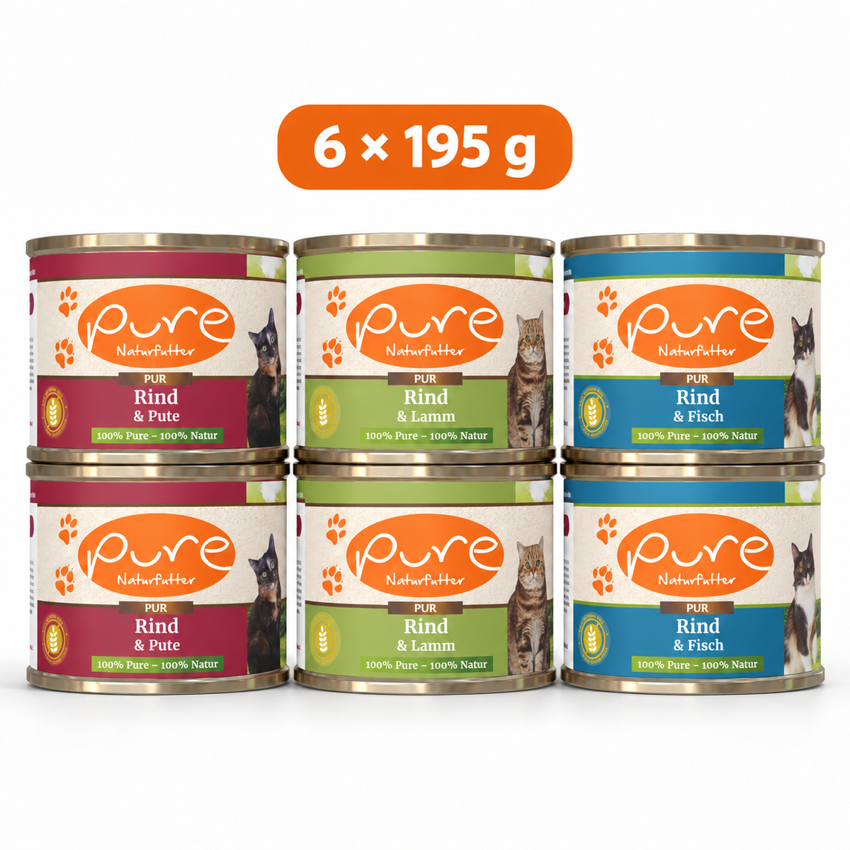 PURE Katzenmenü Mix-Sparpaket: sechs Dosen à 195 g, je zwei Rind & Pute, Rind & Lamm und Rind & Seelachs