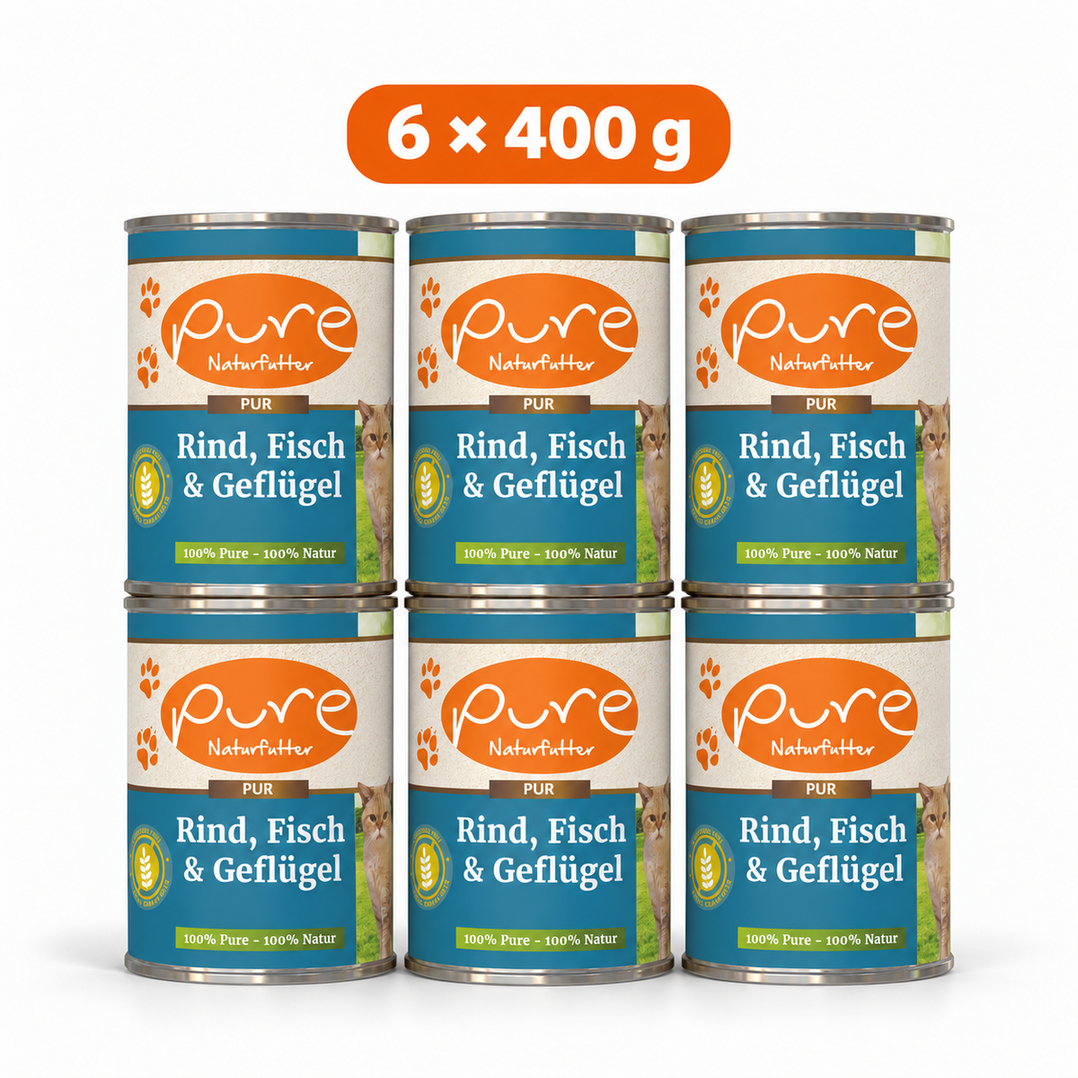 PURE Katzenmenü Rind, Fisch & Geflügel Sparpaket mit sechs Dosen à 400 g