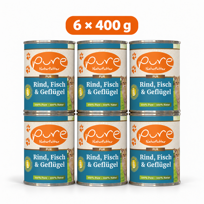 PURE Katzenmenü Rind, Fisch & Geflügel Sparpaket mit sechs Dosen à 400 g
