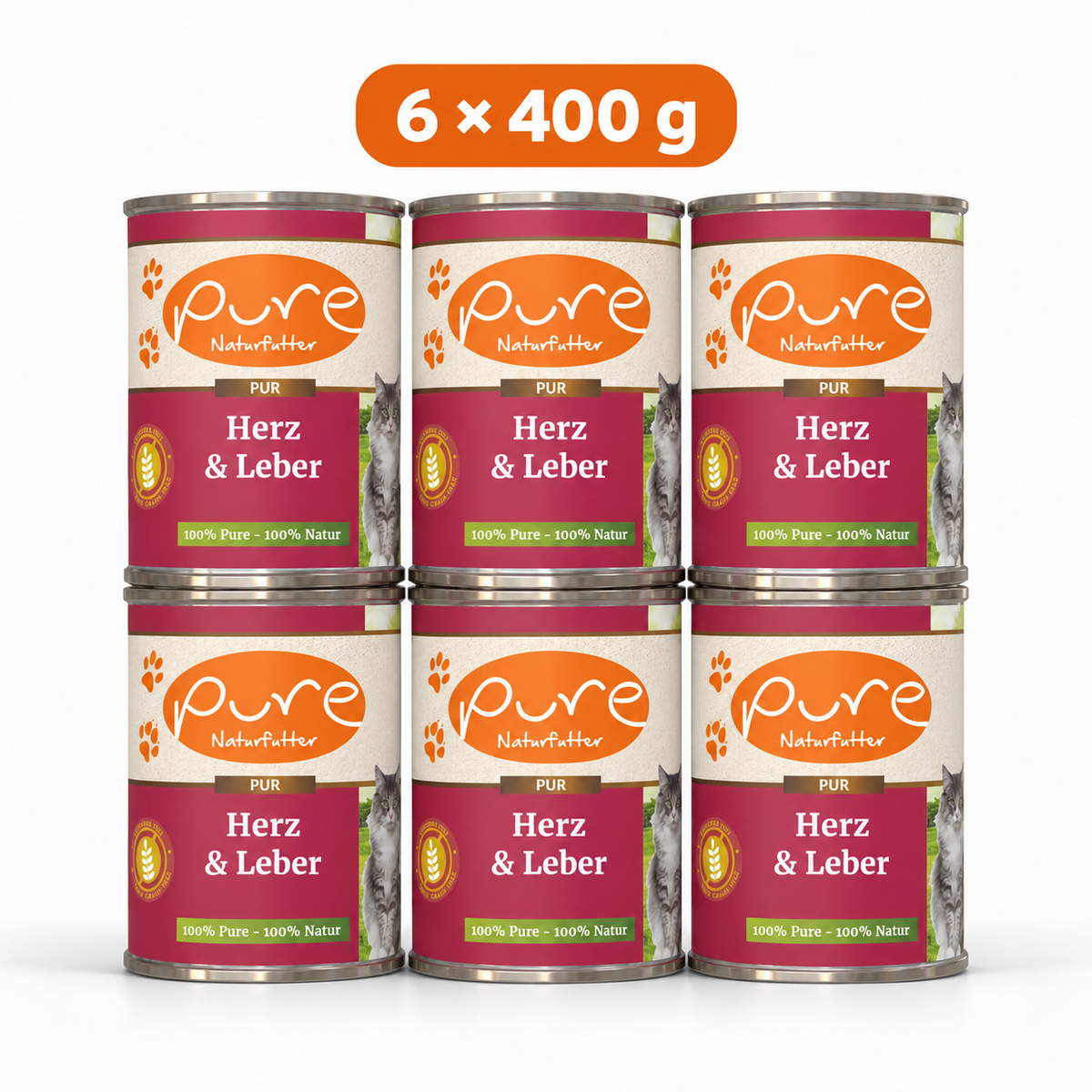 PURE Katzenmenü Herz & Leber Sparpaket mit sechs Dosen à 400 g