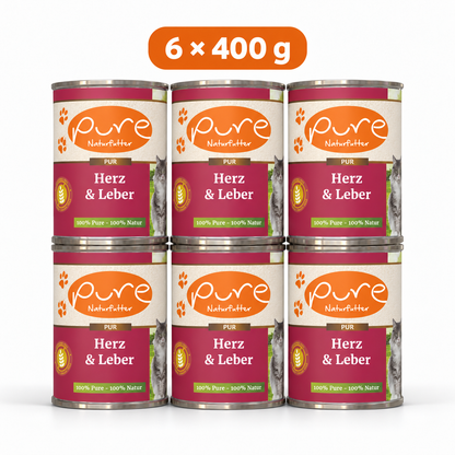 PURE Katzenmenü Herz & Leber Sparpaket mit sechs Dosen à 400 g