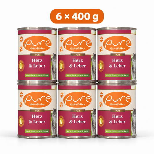 PURE Katzenmenü Herz & Leber Sparpaket mit sechs Dosen à 400 g