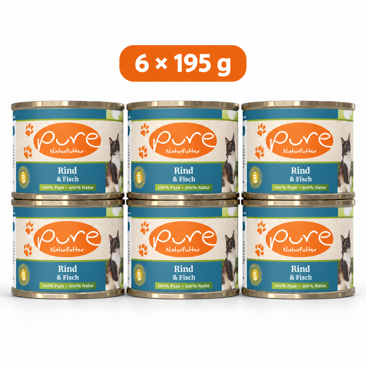 PURE Katzenmenü Rind & Fisch Sparpaket mit sechs Dosen à 195 g