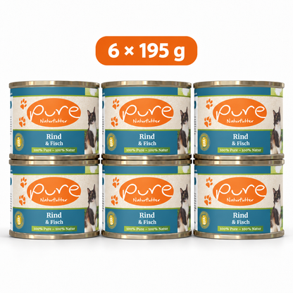 PURE Katzenmenü Rind & Fisch Sparpaket mit sechs Dosen à 195 g