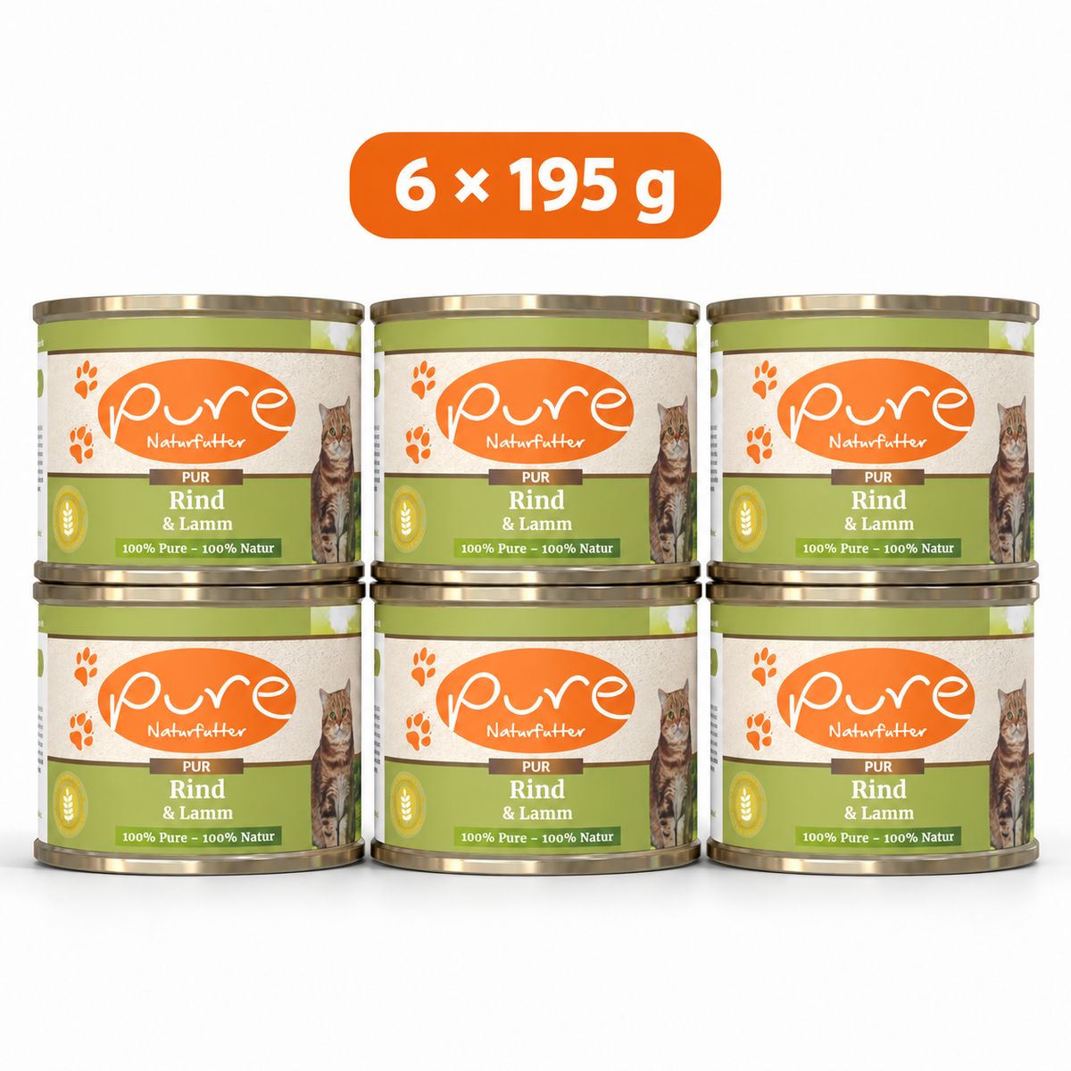 PURE Katzenmenü Rind & Lamm Sparpaket mit sechs Dosen à 195 g